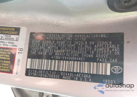 2013 Toyota Avalon Xle Touring from USA, damaged, VIN 4T1BK1EB4DU064801